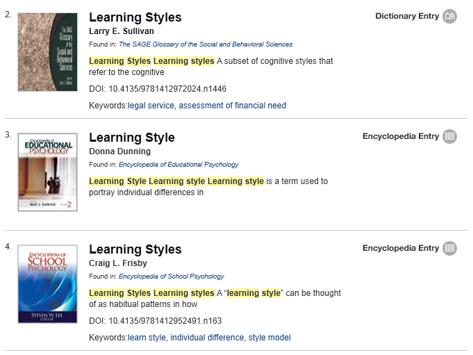 SAGE eReference results for learning styles
