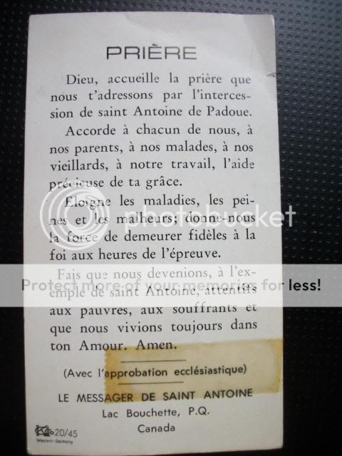 St. Anthony of Padua VINTAGE Prayer Holy Card FRENCH Canada WESTERN 